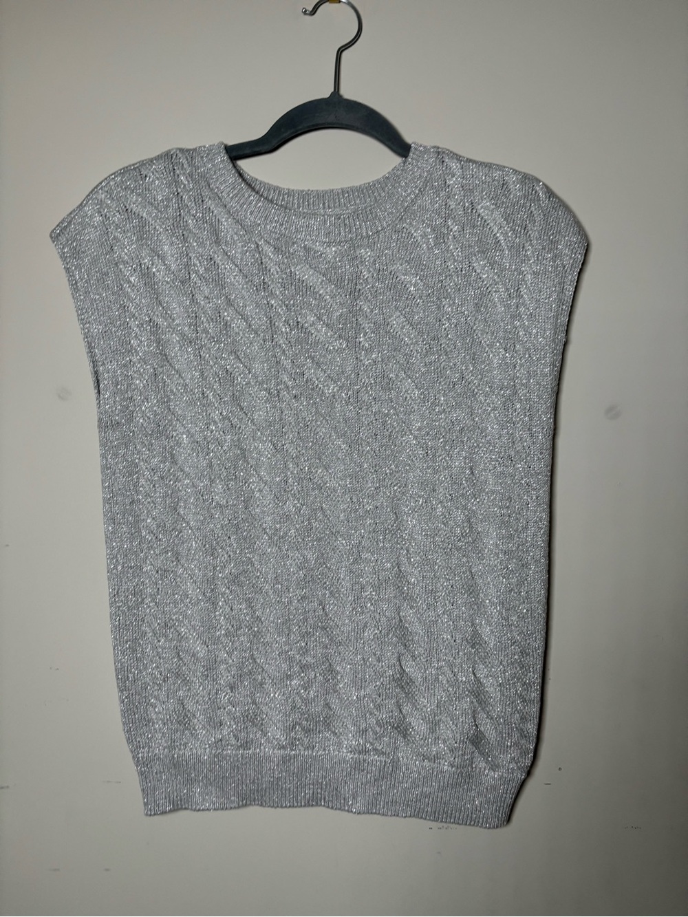 Calvin Klein Jeans Silver Metallic Cable-Knit Crewneck Sweater Vest